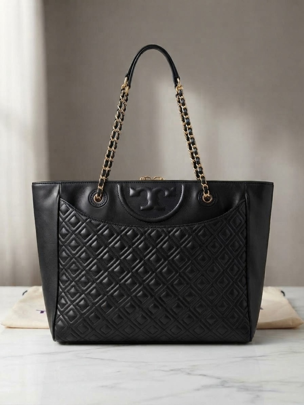 Tory Burch Fleming Black Quilted Leather Chain-Handle Tote